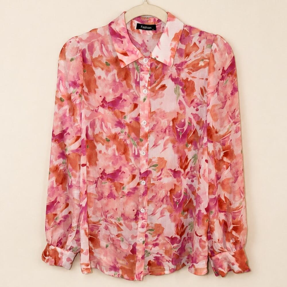 Fashion Pink Floral Lightweight Button-Up Blouse Size M